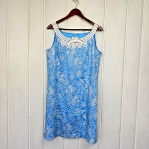 Loft Powder Blue White Floral Scoop Neck Sleeveless Satin Trim Dress sz 10